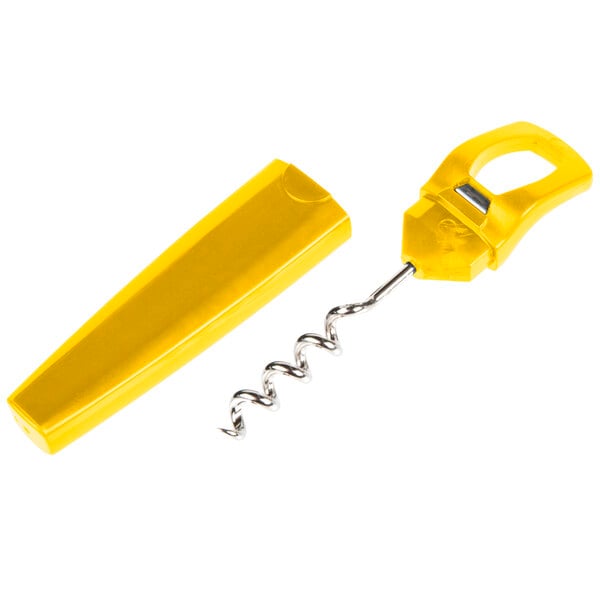 A yellow Franmara Traveler's corkscrew and bottle opener with a spiral.