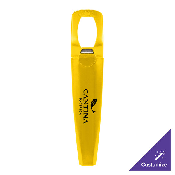 A yellow customizable Franmara plastic corkscrew with white text.