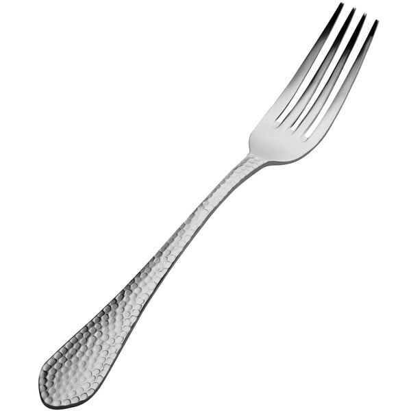 A close-up of a Bon Chef Reflections dinner fork with a textured silver handle.