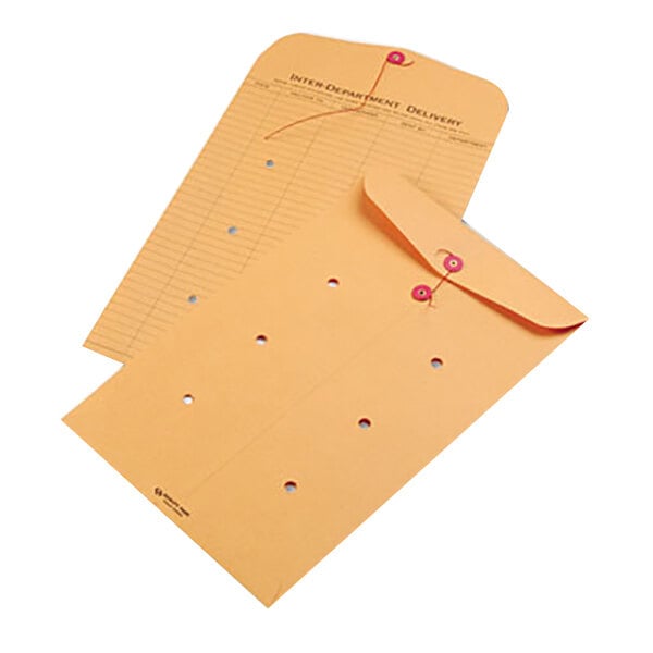 A close-up of a brown Quality Park interoffice envelope with a string and button closure.