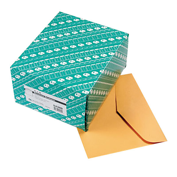 A box of Quality Park brown Kraft file envelopes.