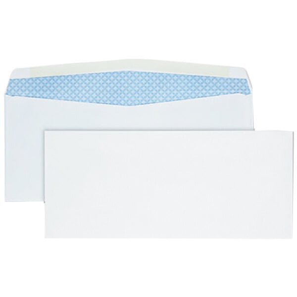 A white Quality Park business envelope with blue patterned inside.