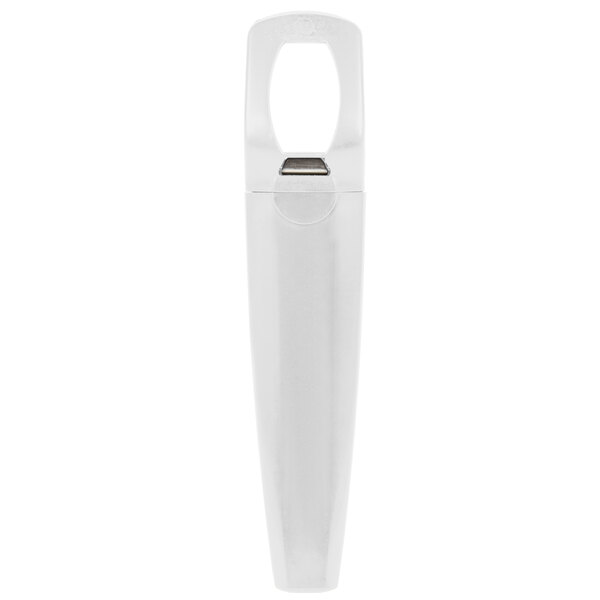 A white customizable plastic Franmara Traveler's corkscrew with a square object in the middle.