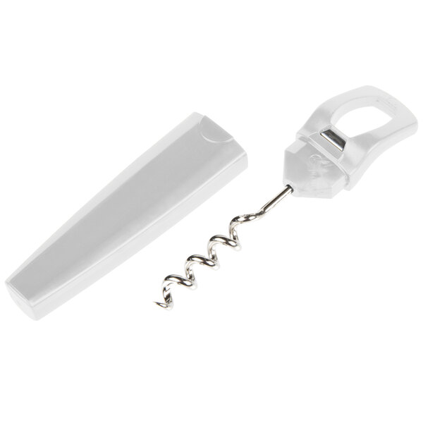 A white Franmara Traveler's corkscrew with a metal spiral.