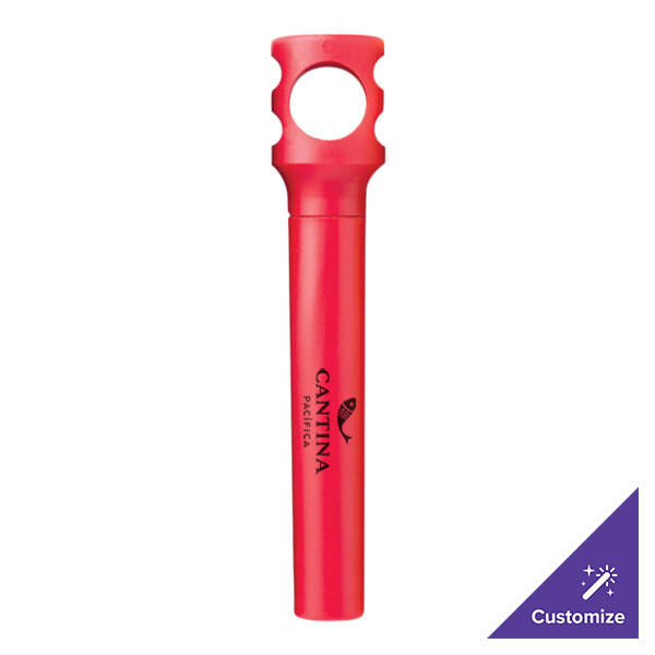 A red Franmara plastic pocket corkscrew tube with a hole in the middle.