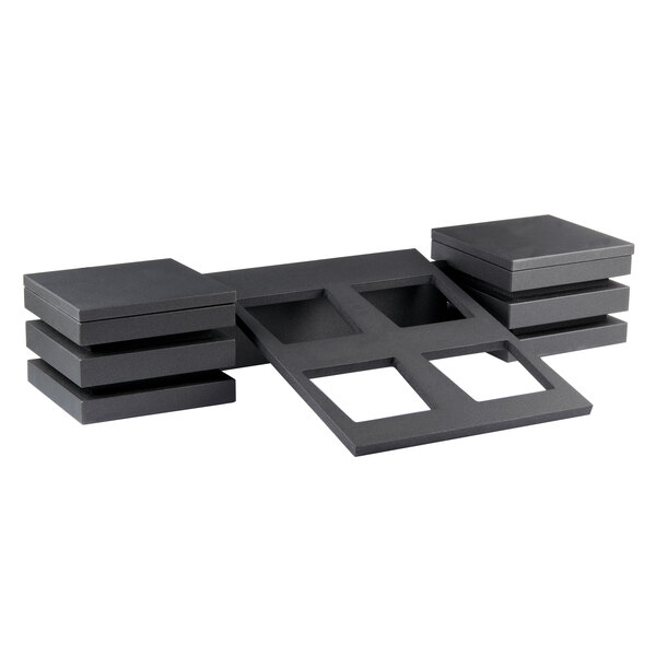 A black rectangular Vollrath Cubic melamine bowl display set with a lid.