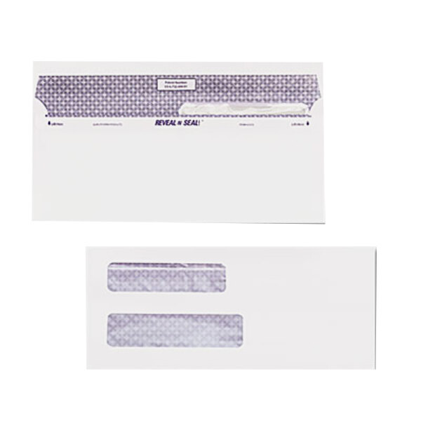 A box of Quality Park white check envelopes with 2 windows and a self-adhesive seal.