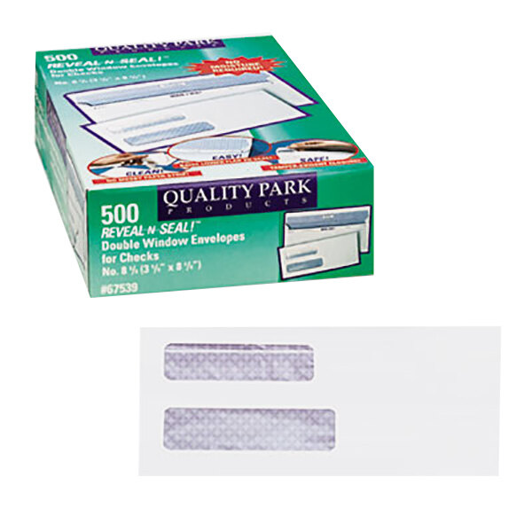 A white box of Quality Park white check envelopes with windows and self-adhesive seal.