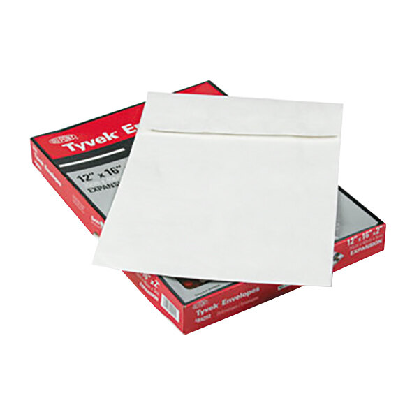 A white Survivor Tyvek expansion mailer envelope with a red and white box on top.