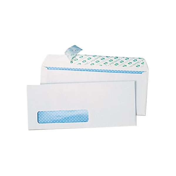 A white envelope with a blue window and red tape.