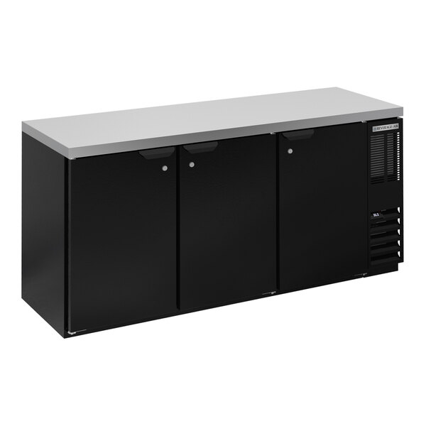 A black counter height back bar refrigerator with three solid doors and a stainless steel top.