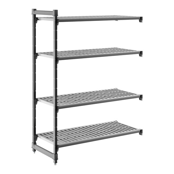 A four-tier vented shelving unit made of plastic, designed for storage and organization.