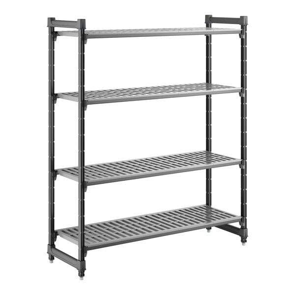 A four-tier vented plastic shelving unit with a sturdy frame, designed for storage and organization.