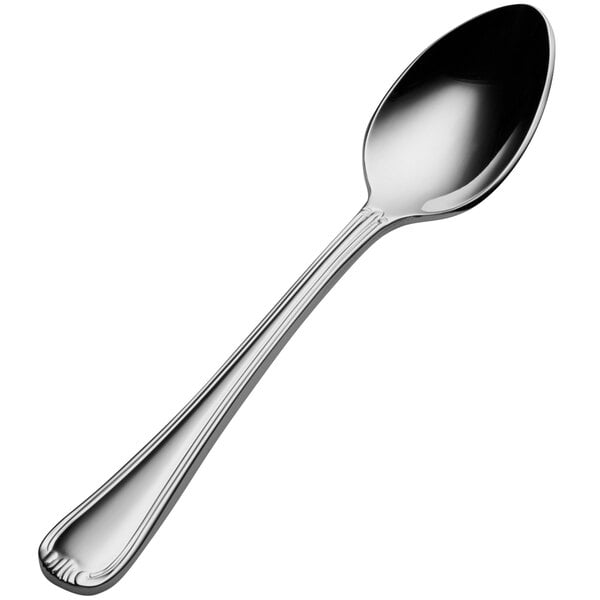 A Bon Chef stainless steel demitasse spoon with a silver handle.