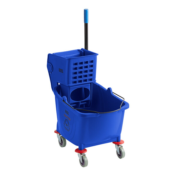 A blue Lavex mop bucket with a handle and wheels.