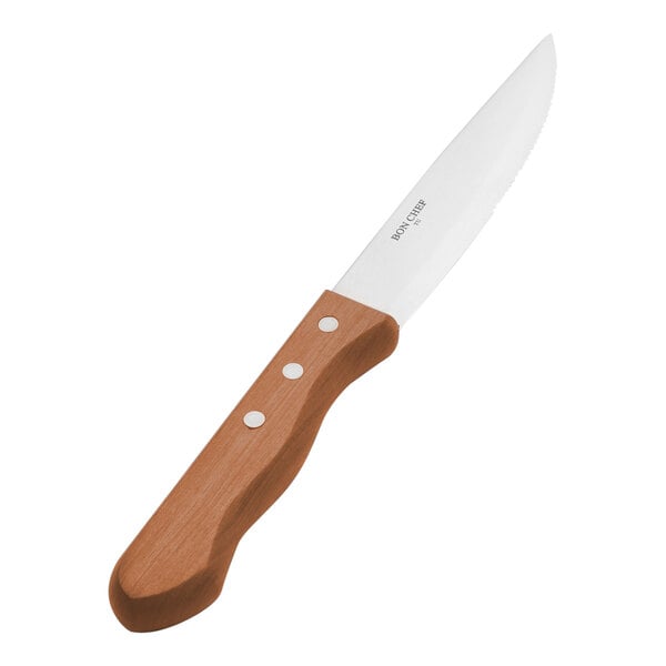 A Bon Chef steak knife with a dark wood handle.