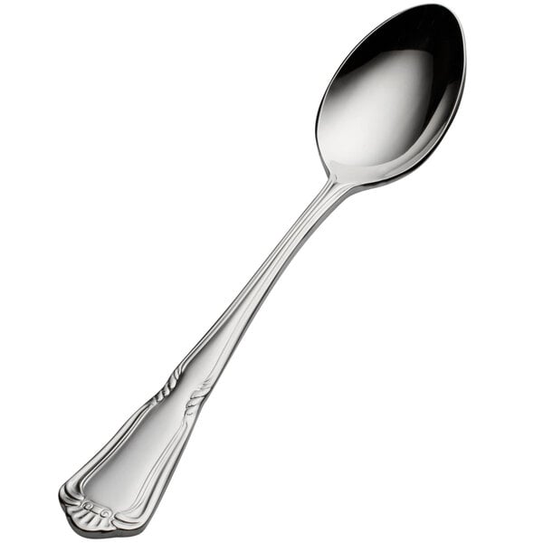 A close-up of a Bon Chef Sorento stainless steel teaspoon with a handle.