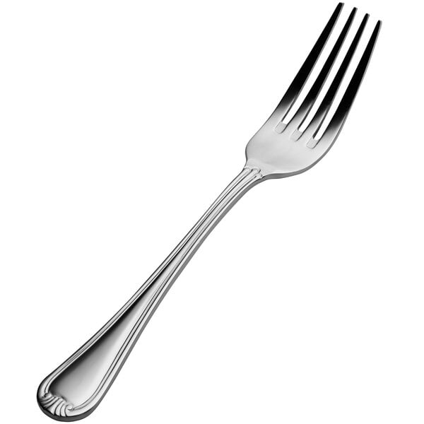 A close-up of a Bon Chef stainless steel dinner fork with a silver handle.