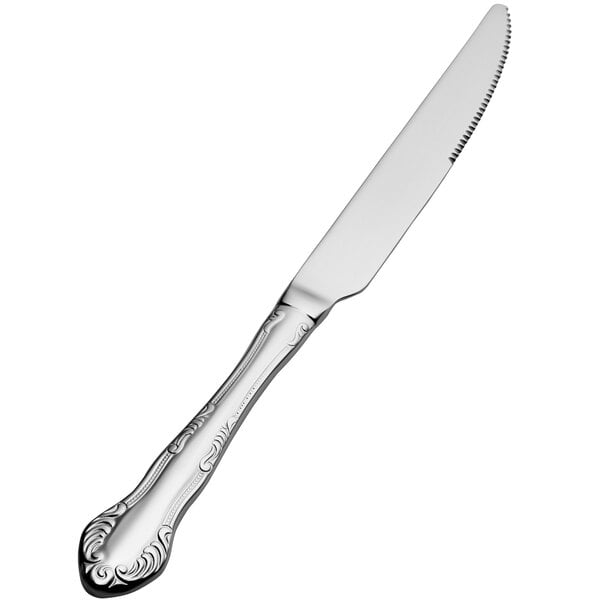 A Bon Chef stainless steel dinner knife with a solid handle.