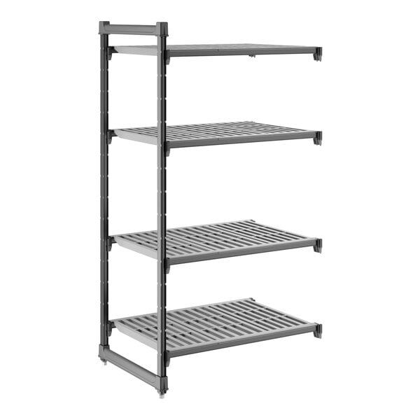 A gray vented four-shelf add-on shelving unit made of plastic, measuring 24 inches by 36 inches by 64 inches.
