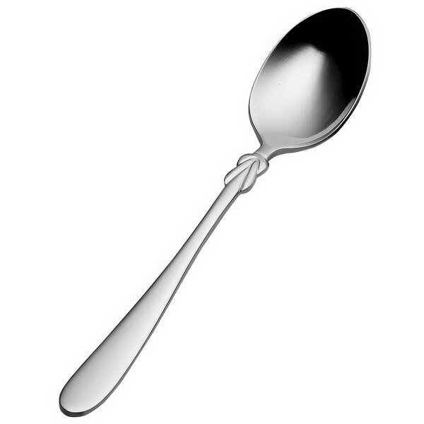 A Bon Chef stainless steel demitasse spoon with a silver bow handle.