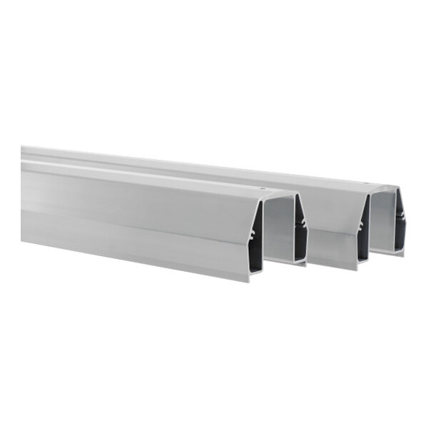 A set of three silver metal top-track rails for shelving systems.