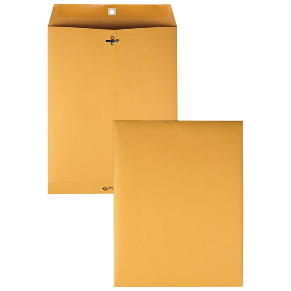 A close-up of two yellow Quality Park envelopes with flaps.