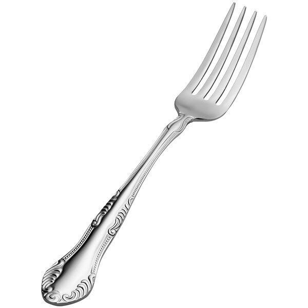 A Bon Chef stainless steel dinner fork with a design on the handle.