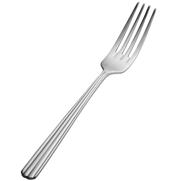 A close-up of a Bon Chef stainless steel dinner fork with a silver handle.