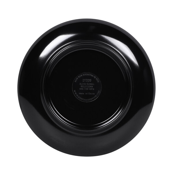 A black circular Elite Global Solutions melamine plate.