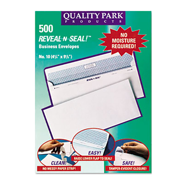 A package of Quality Park white business envelopes with self adhesive seal.