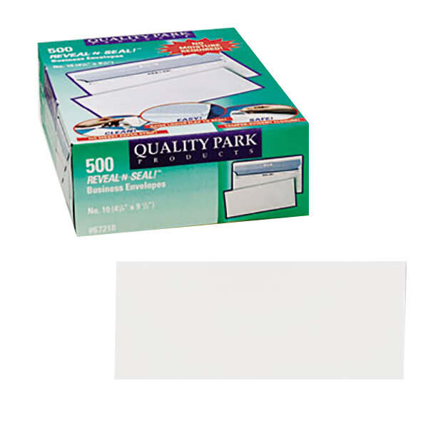 A box of 500 Quality Park white business envelopes with a black and white label.