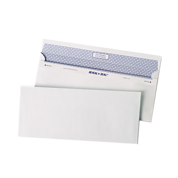 A close-up of a Quality Park white business envelope with a black border and self adhesive seal.
