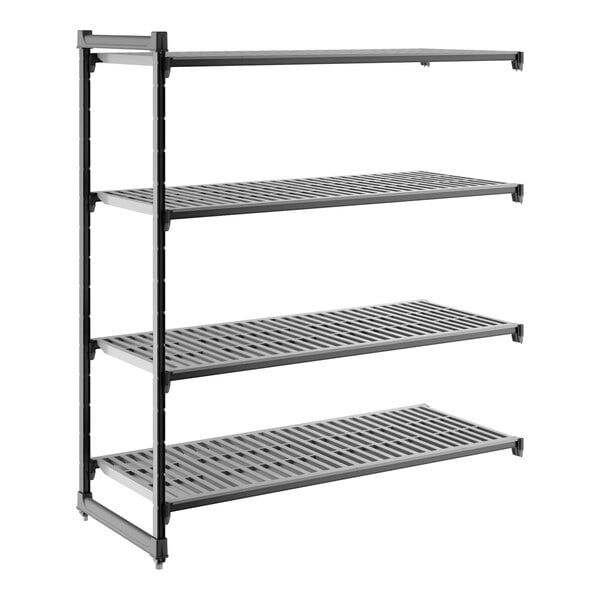 A black vented four-shelf add-on shelving unit made of plastic.