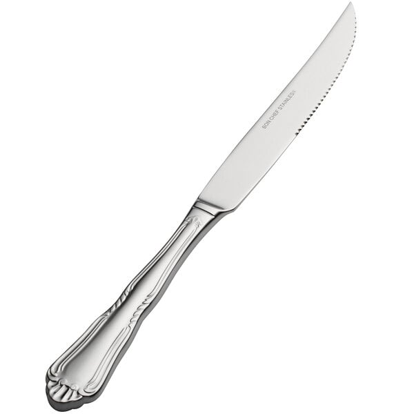 A Bon Chef stainless steel steak knife with a silver handle.