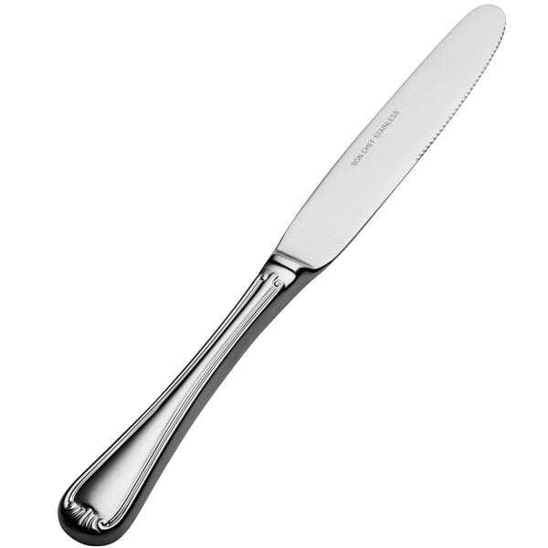 A Bon Chef stainless steel dinner knife with a silver hollow handle.