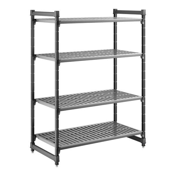A four-shelf, vented, stationary shelving unit made of durable plastic, measuring 24 inches by 48 inches by 64 inches.