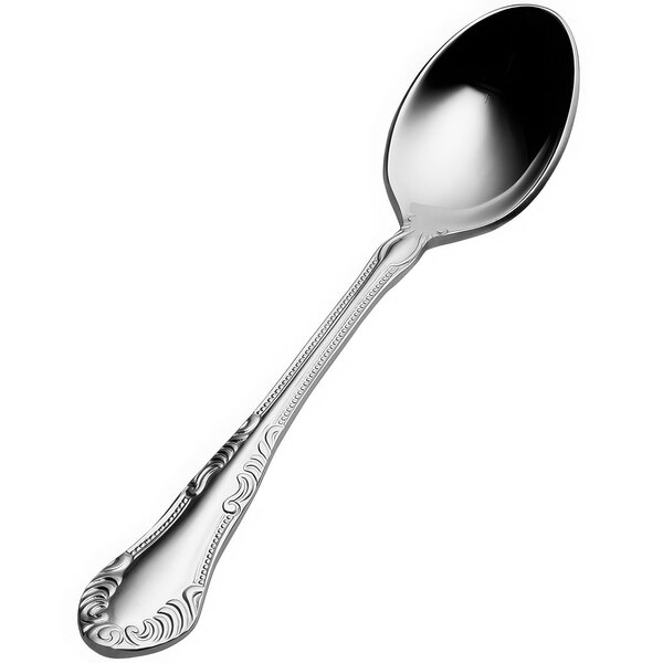 A Bon Chef stainless steel demitasse spoon with a handle.