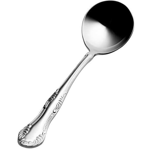 A close-up of a Bon Chef stainless steel bouillon spoon with a handle.