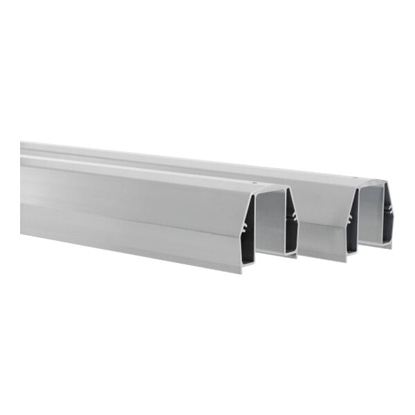 A set of three silver metal top-track rails for shelving systems.