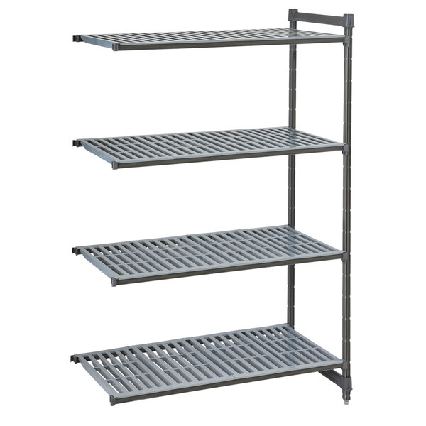 A grey metal shelf with shelves and vented grey plastic grates.