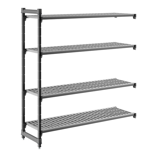 A four-tier vented shelving unit with a metal frame and plastic shelves.