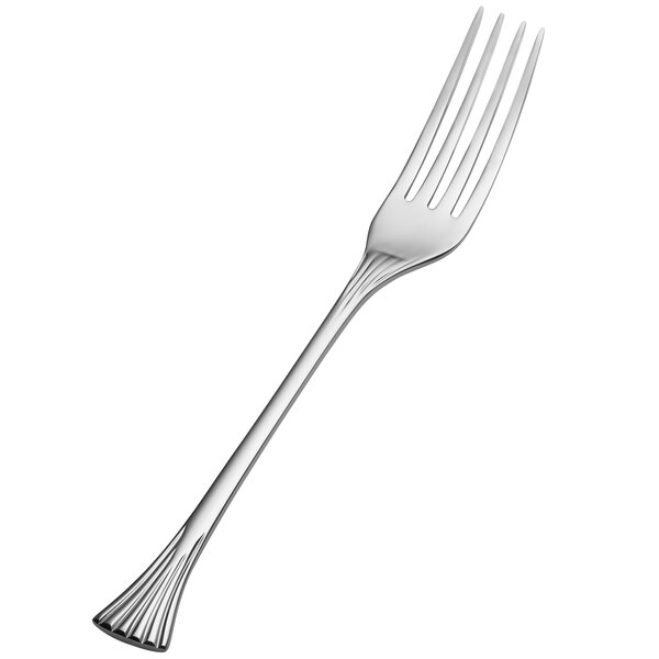 A close-up of a Bon Chef stainless steel dinner fork with a silver handle.
