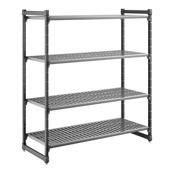 A four-shelf vented stationary shelving unit made of durable plastic, measuring 24 inches by 60 inches by 64 inches.