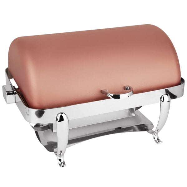 A rectangular copper and chrome Eastern Tabletop chafing dish on a table.