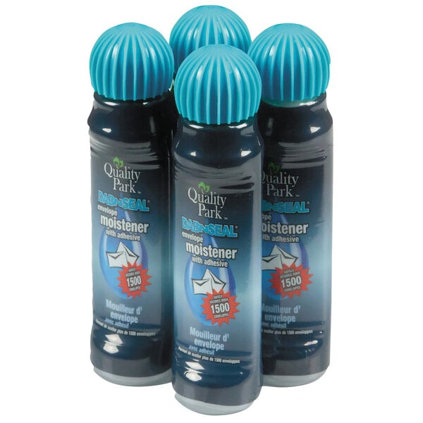 A group of Quality Park envelope moistener bottles with blue caps.