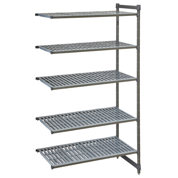 A grey plastic vented Cambro Camshelving unit with 4 shelves.