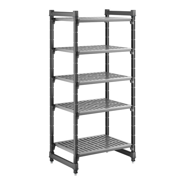 A five-shelf vented plastic shelving unit with a black frame and gray shelves.