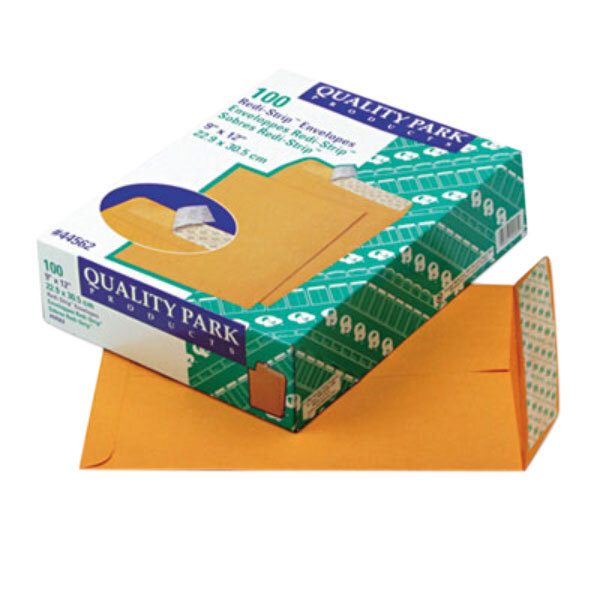 A green box of Quality Park brown Kraft file envelopes with blue and white labels.