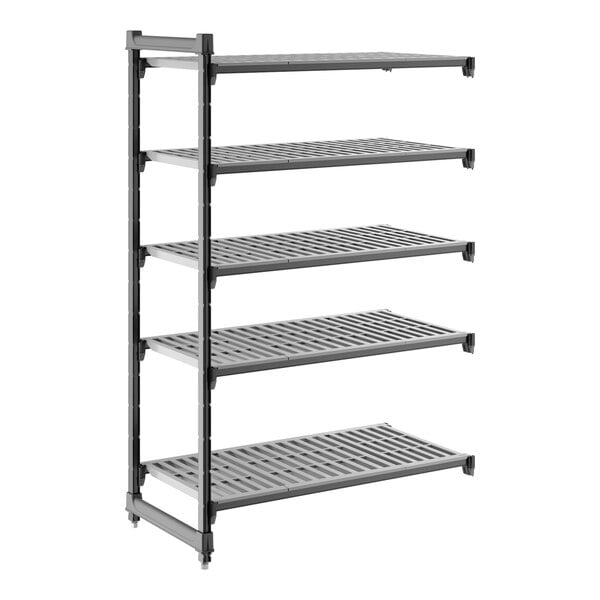 A black vented five-shelf add-on shelving unit made of plastic.